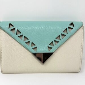 Charming Charlie Teal Blue Cream Faux Leather Clutch Handbag Purse Spring Easter